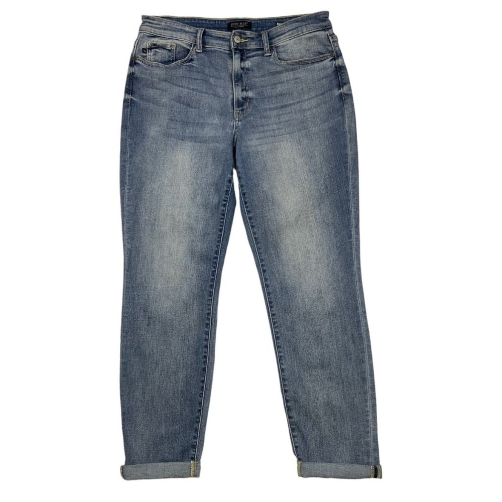 Judy Blue Kenna Mid Rise Bleach Washed Cuffed Boyfriend Jean 11 Blue Zip Fly